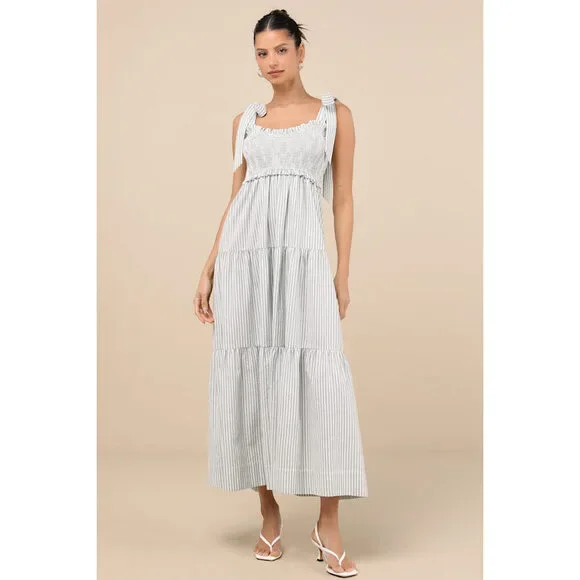 Lulus Bembe Sage Striped Tie-strap Tiered Maxi Dress Green - Size M - Picture 1 of 1